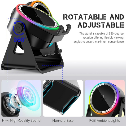 4-in-1 Wireless Induction Speaker with RGB Lights & Phone Stand - 360° Rotating Design